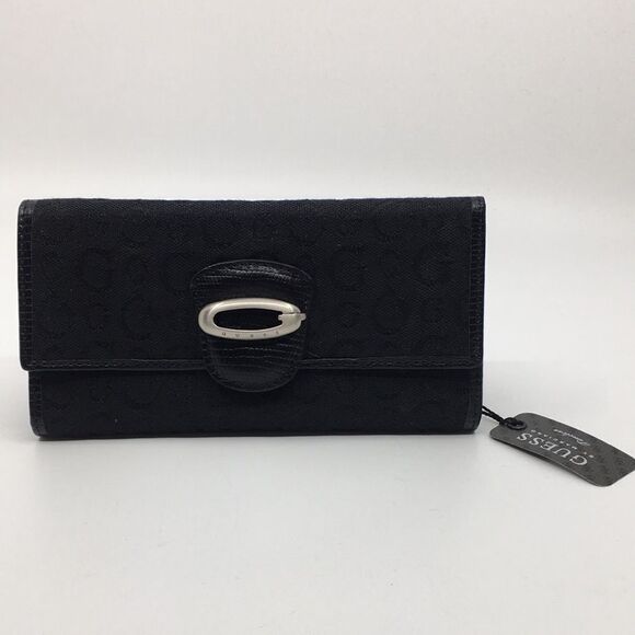 NWT GUESS Timeless Edition SLG Black Canvas Trifold Wallet - Picture 1 of 16